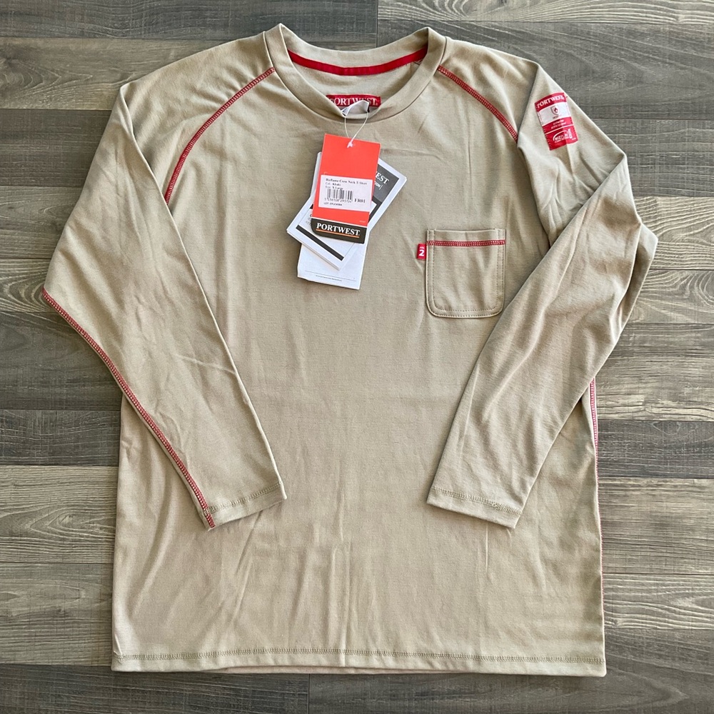 NWT Portwest FR01 Bizflame FR Crew Neck T-Shirt Men’s XL Tan Khaki Long Sleeve